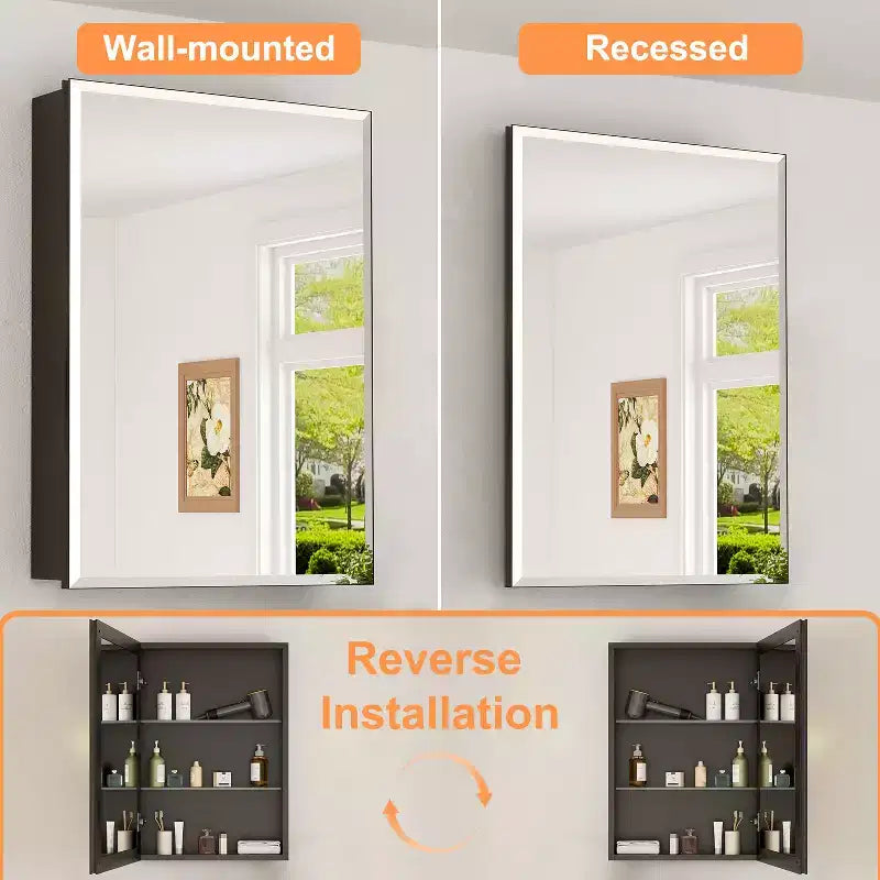 Meuble de salle de bain Belle avec miroir, armoire encastrée/murale pour salle de bain, miroir à surface biseautée, étagères réglables en verre trempé, noir