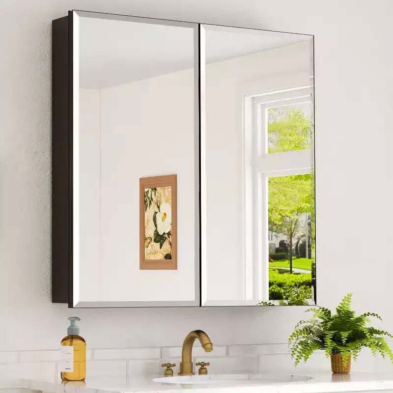 Meuble de salle de bain Belle avec miroir, armoire encastrée/murale pour salle de bain, miroir à surface biseautée, étagères réglables en verre trempé, noir