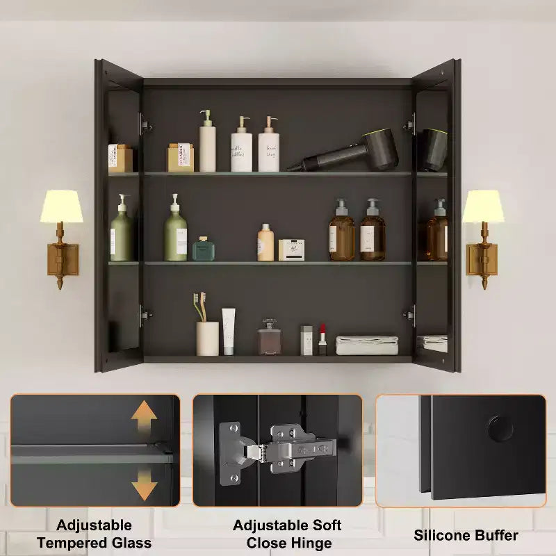 Meuble de salle de bain Belle avec miroir, armoire encastrée/murale pour salle de bain, miroir à surface biseautée, étagères réglables en verre trempé, noir