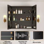Meuble de salle de bain Belle avec miroir, armoire encastrée/murale pour salle de bain, miroir à surface biseautée, étagères réglables en verre trempé, noir