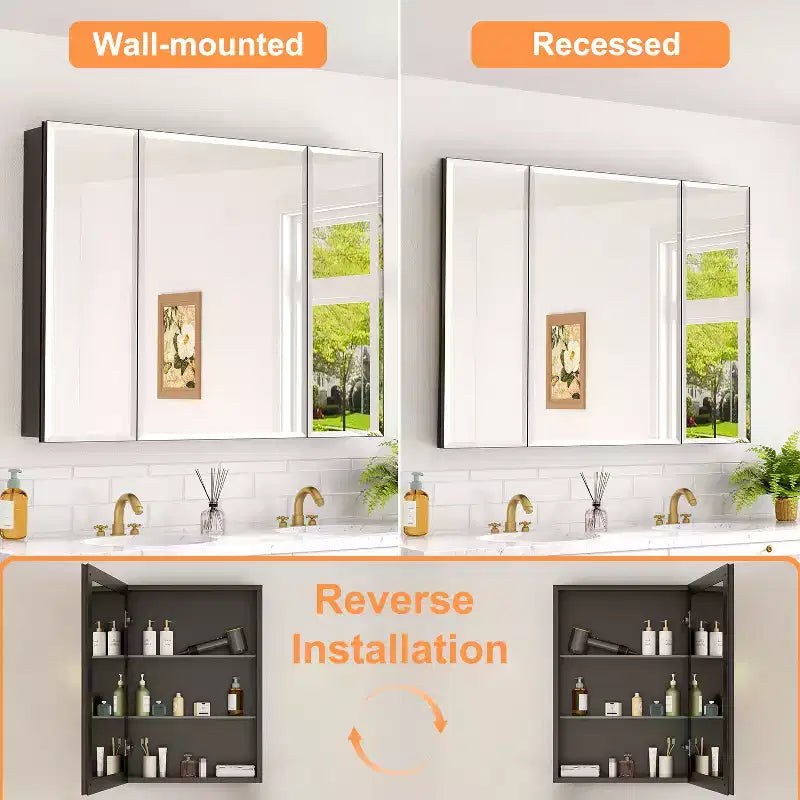 Meuble de salle de bain Belle avec miroir, armoire encastrée/murale pour salle de bain, miroir à surface biseautée, étagères réglables en verre trempé, noir