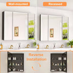 Meuble de salle de bain Belle avec miroir, armoire encastrée/murale pour salle de bain, miroir à surface biseautée, étagères réglables en verre trempé, noir
