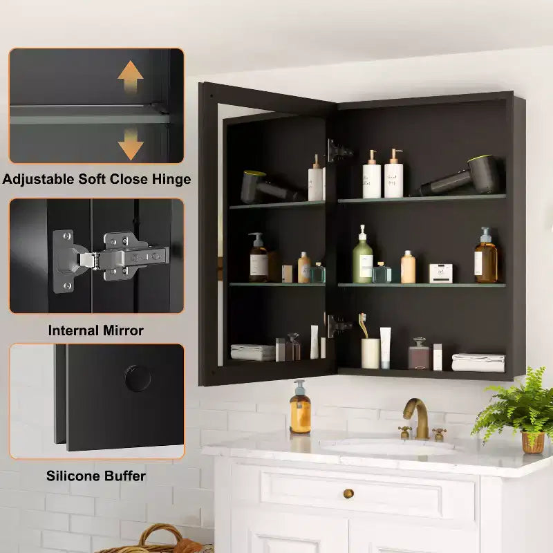 Meuble de salle de bain Belle avec miroir, armoire encastrée/murale pour salle de bain, miroir à surface biseautée, étagères réglables en verre trempé, noir