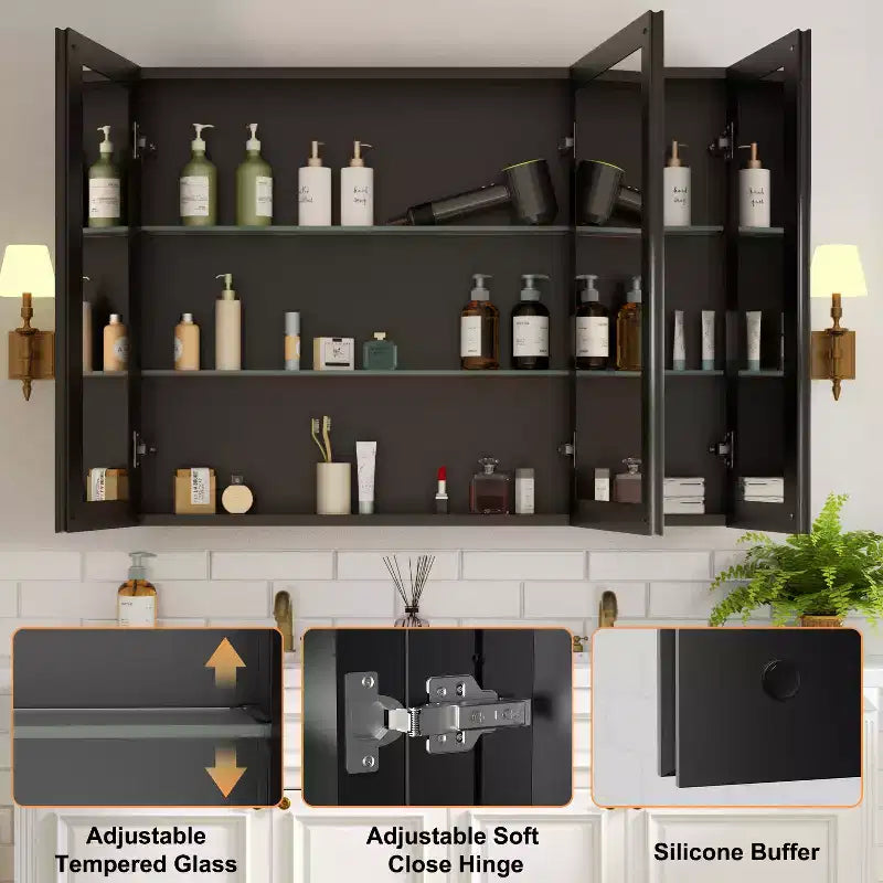 Meuble de salle de bain Belle avec miroir, armoire encastrée/murale pour salle de bain, miroir à surface biseautée, étagères réglables en verre trempé, noir