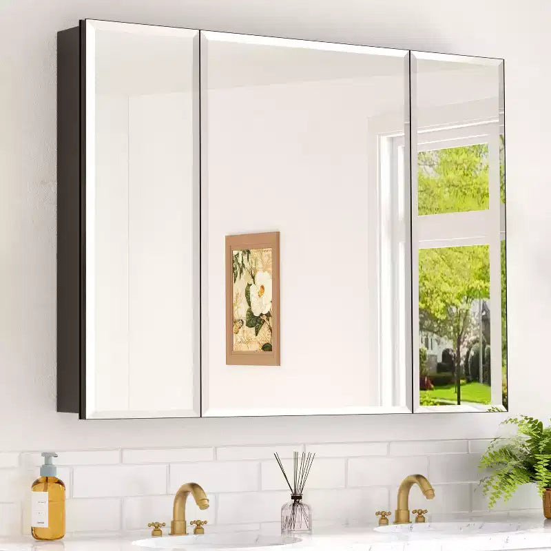 Meuble de salle de bain Belle avec miroir, armoire encastrée/murale pour salle de bain, miroir à surface biseautée, étagères réglables en verre trempé, noir