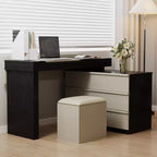 Bureau ou coiffeuse Luck Live, moderne, réglable et extensible selon plusieurs angles, accompagnée d'un tabouret moelleux.