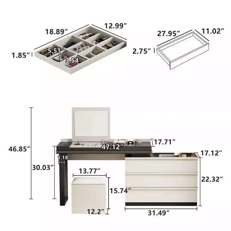 Bureau ou coiffeuse Luck Live, moderne, réglable et extensible selon plusieurs angles, accompagnée d'un tabouret moelleux.