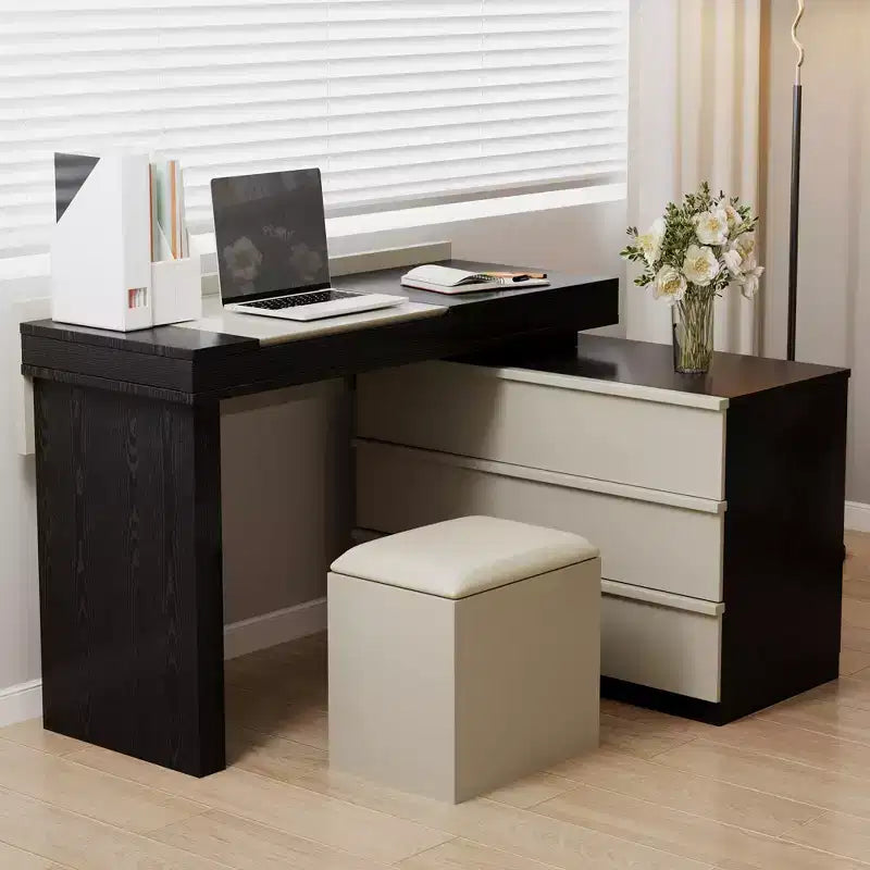 Bureau ou coiffeuse Luck Live, moderne, réglable et extensible selon plusieurs angles, accompagnée d'un tabouret moelleux.