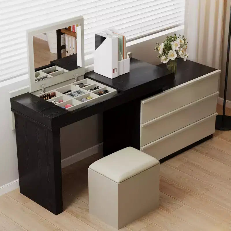 Bureau ou coiffeuse Luck Live, moderne, réglable et extensible selon plusieurs angles, accompagnée d'un tabouret moelleux.