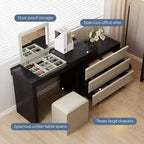 Bureau ou coiffeuse Luck Live, moderne, réglable et extensible selon plusieurs angles, accompagnée d'un tabouret moelleux.