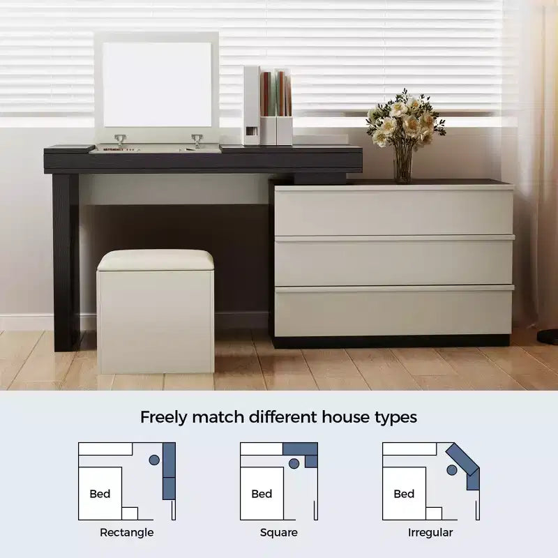 Bureau ou coiffeuse Luck Live, moderne, réglable et extensible selon plusieurs angles, accompagnée d'un tabouret moelleux.