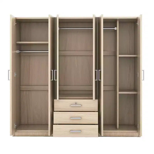 Armoire en bois 6 portes pour chambre, avec grands tiroirs, marron