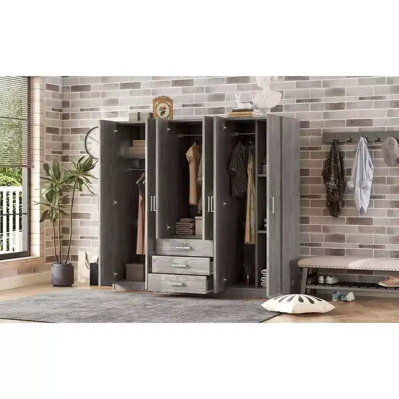 Armoire en bois 6 portes pour chambre, avec grands tiroirs, marron