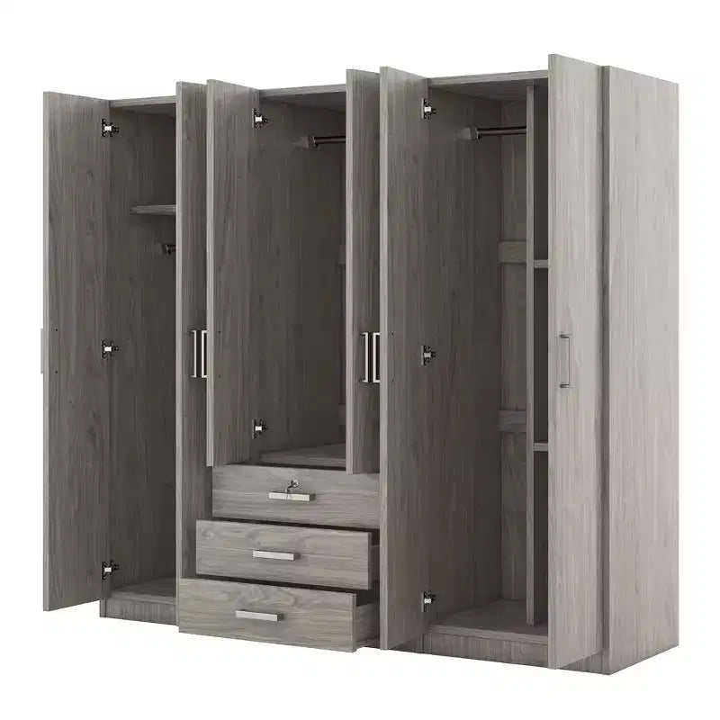 Armoire en bois 6 portes pour chambre, avec grands tiroirs, marron