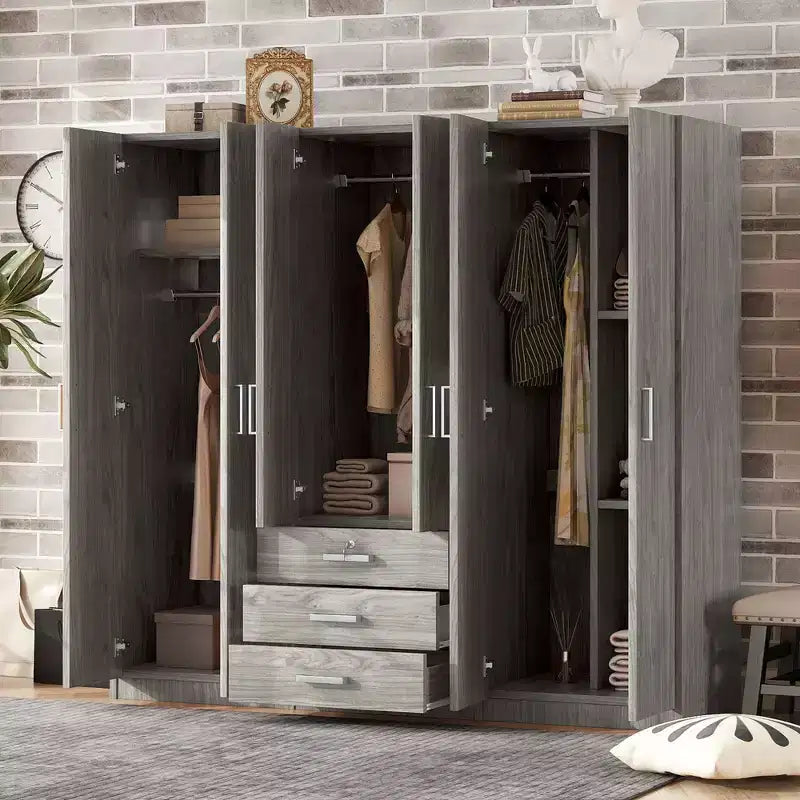 Armoire en bois 6 portes pour chambre, avec grands tiroirs, marron