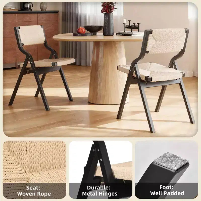 MAYEERTY Lot de 2 chaises de salle à manger pliantes et empilables en bois, assise et dossier tissés, noir - naturel