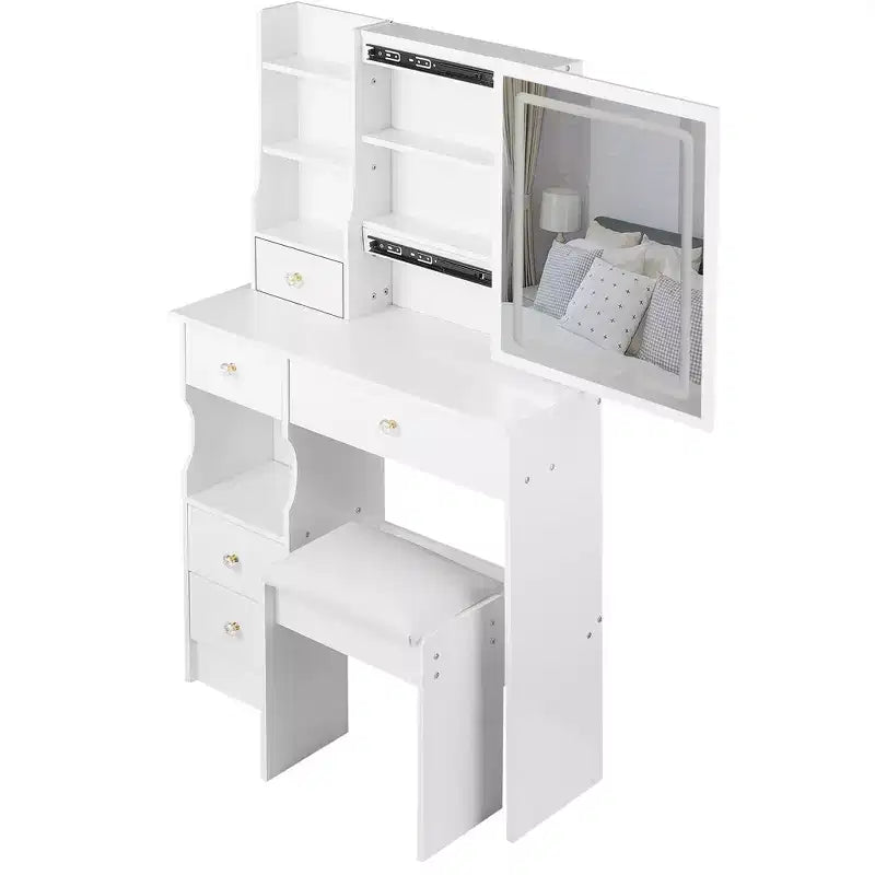 Coiffeuses et tabouret Okak avec petit tiroir gauche de 29,2, table de maquillage avec miroir LED coulissant tactile surdimensionné, blanc