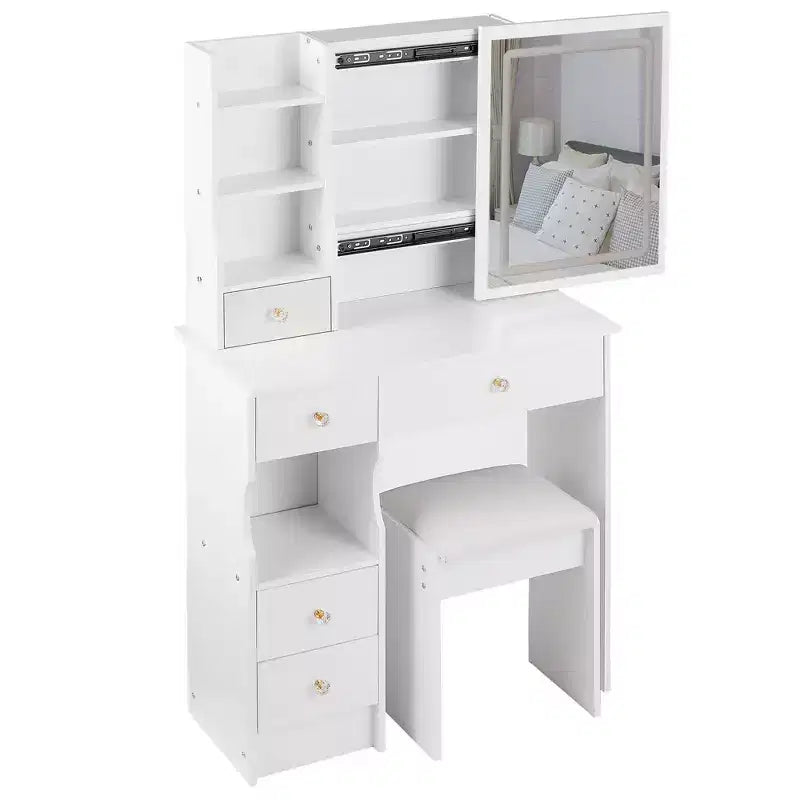 Coiffeuses et tabouret Okak avec petit tiroir gauche de 29,2, table de maquillage avec miroir LED coulissant tactile surdimensionné, blanc