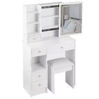 Coiffeuses et tabouret Okak avec petit tiroir gauche de 29,2, table de maquillage avec miroir LED coulissant tactile surdimensionné, blanc