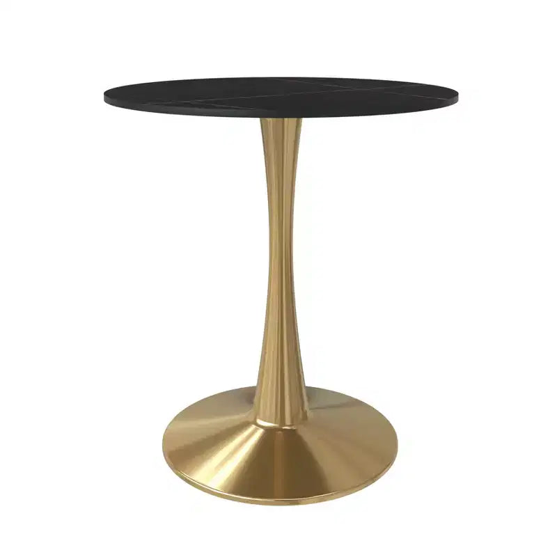 LeisureMod Bristol 27 Table à manger ronde Plateau en pierre frittée Table d'appoint de café et base à piédestal en acier doré robuste pour cuisine et petits espaces