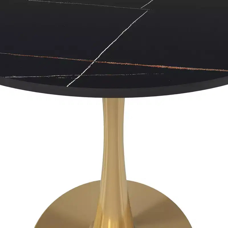 LeisureMod Bristol 27 Table à manger ronde Plateau en pierre frittée Table d'appoint de café et base à piédestal en acier doré robuste pour cuisine et petits espaces