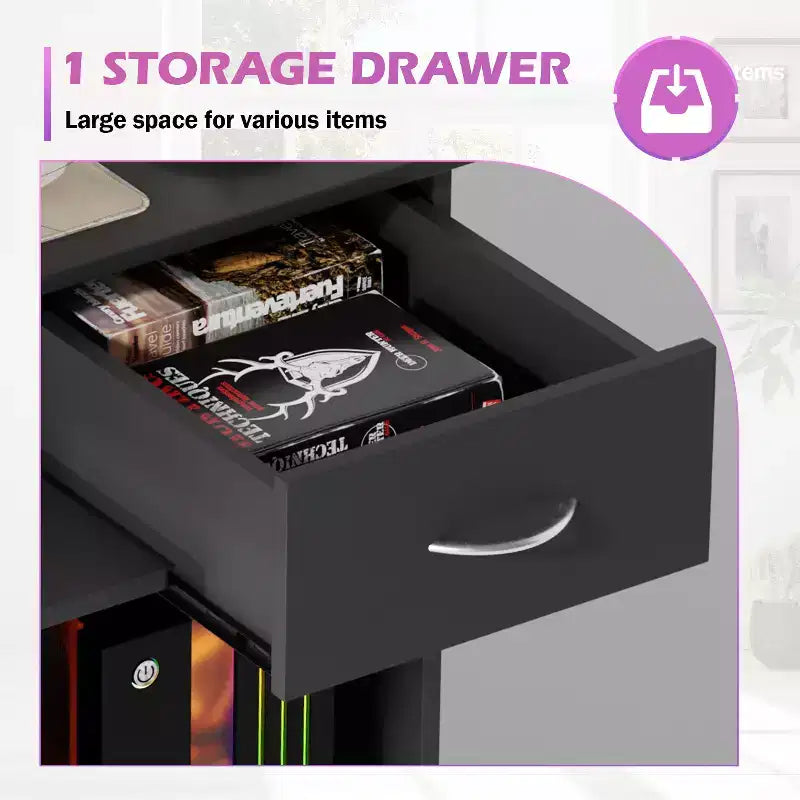 BestMassage Bureau d'ordinateur de 43 pouces avec tiroirs, support de clavier, support d'unité centrale, bureau de jeu, noir