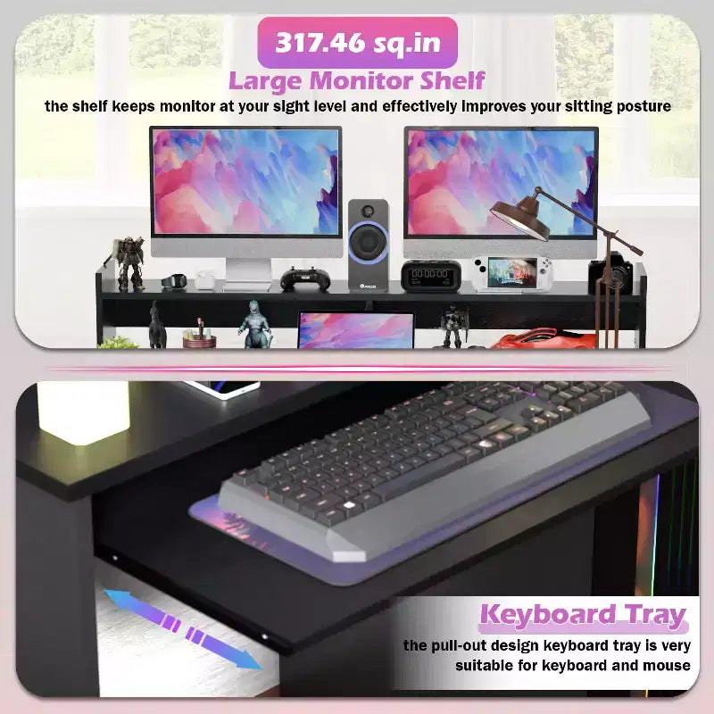 BestMassage Bureau d'ordinateur de 43 pouces avec tiroirs, support de clavier, support d'unité centrale, bureau de jeu, noir