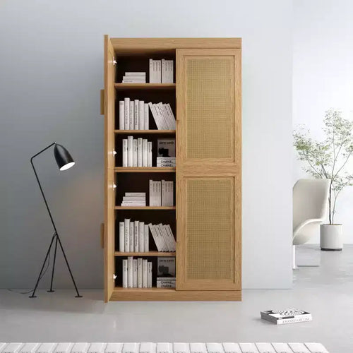 62x31x16 Wood Grain Buffet Cabinet, Storage Organizer with Adjustable Shelves and Rattan Doors for Kitchen Bedroom Living/Dinning Room