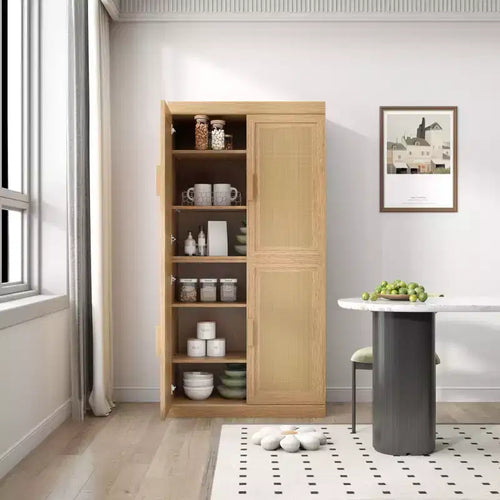 Buffet en grain de bois 62x31x16, organiseur de rangement avec étagères réglables et portes en rotin pour cuisine, chambre à coucher, salon/salle à manger