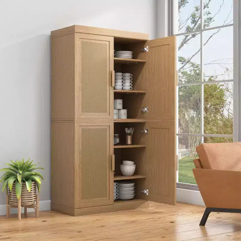 Buffet en grain de bois 62x31x16, organiseur de rangement avec étagères réglables et portes en rotin pour cuisine, chambre à coucher, salon/salle à manger