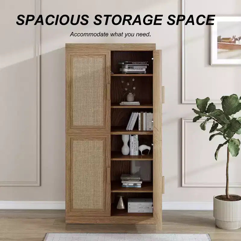 Buffet en grain de bois 62x31x16, organiseur de rangement avec étagères réglables et portes en rotin pour cuisine, chambre à coucher, salon/salle à manger