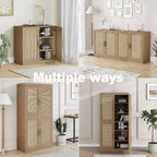Buffet en grain de bois 62x31x16, organiseur de rangement avec étagères réglables et portes en rotin pour cuisine, chambre à coucher, salon/salle à manger