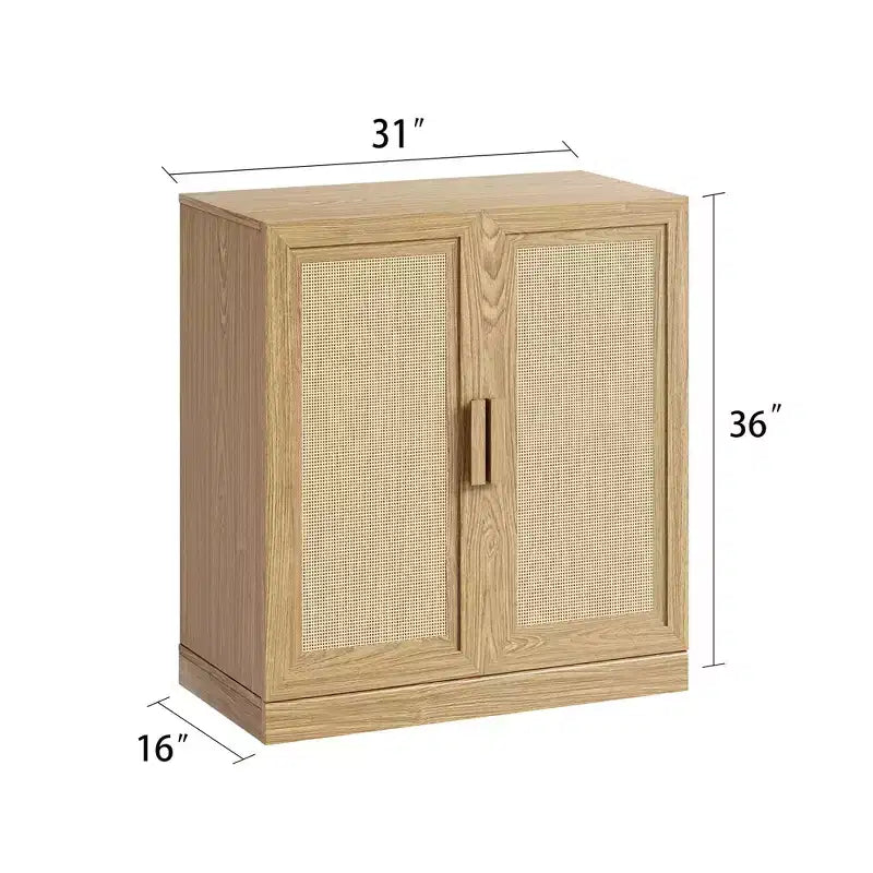 Buffet en grain de bois 62x31x16, organiseur de rangement avec étagères réglables et portes en rotin pour cuisine, chambre à coucher, salon/salle à manger