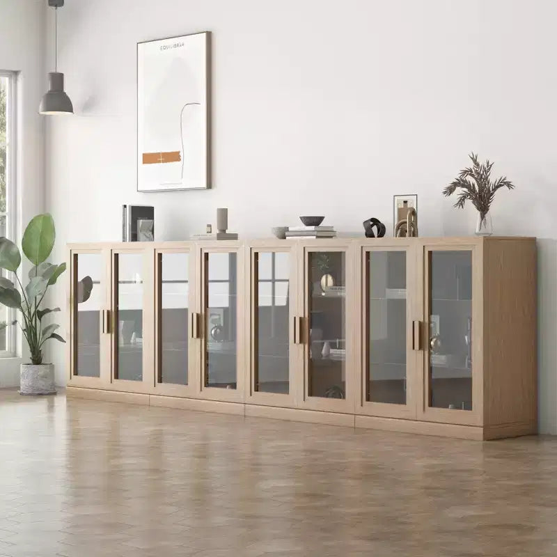 36x124x16 Wood Accent Cabinet, Storage Organizer with Adjustable Shelves and Glass Doors for Kitchen Bedroom Entryway Living/Dinning Room