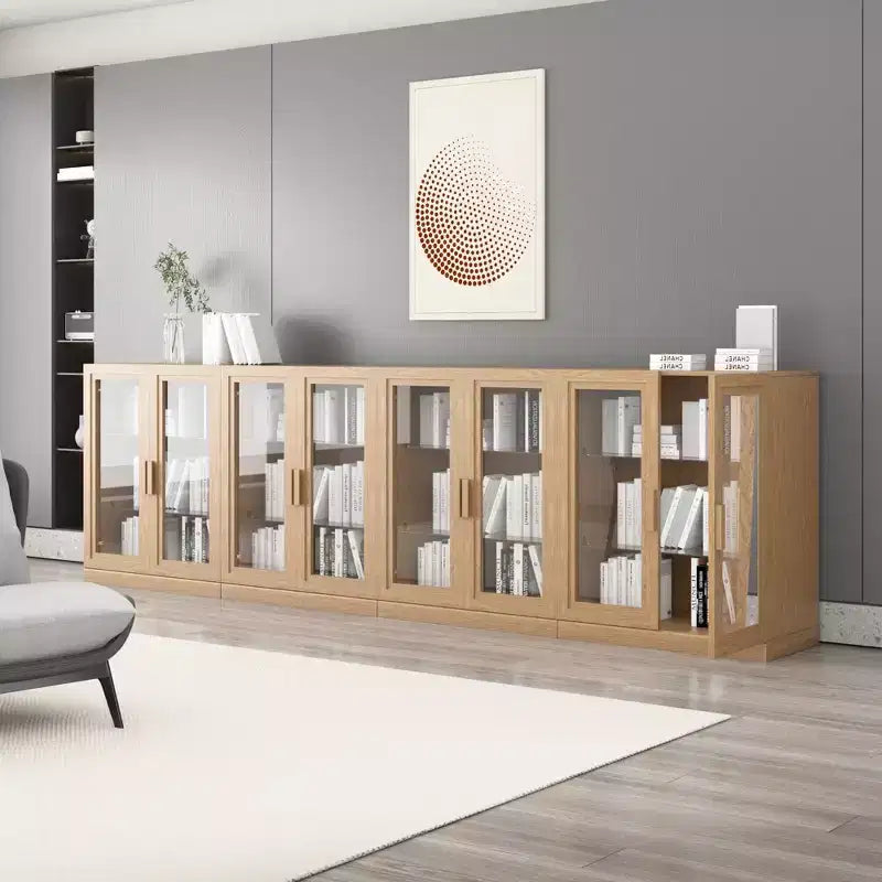 Meuble d'appoint en bois 36x124x16, organisateur de rangement avec étagères réglables et portes vitrées pour cuisine, chambre, entrée, salon/salle à manger