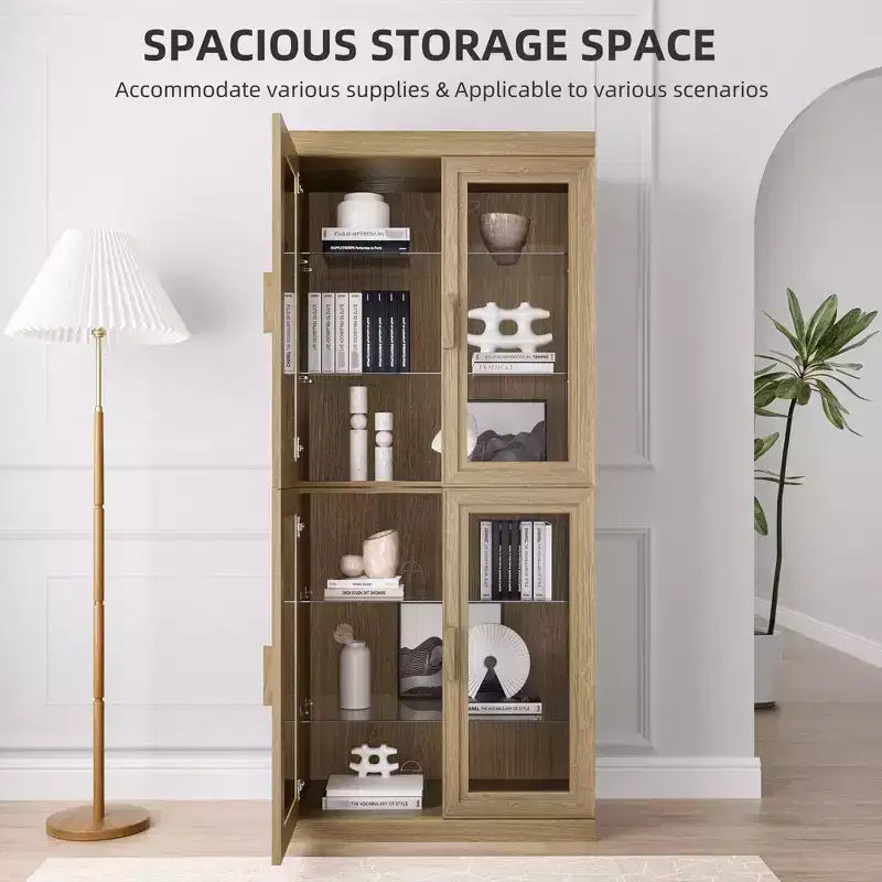 Meuble d'appoint en bois 36x124x16, organisateur de rangement avec étagères réglables et portes vitrées pour cuisine, chambre, entrée, salon/salle à manger