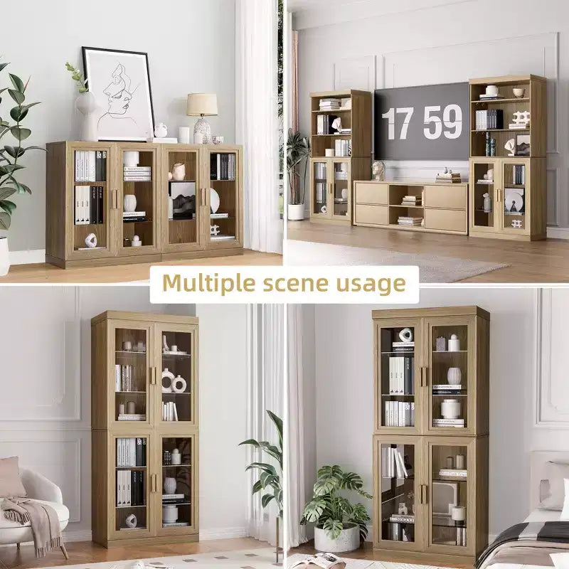 Meuble d'appoint en bois 36x124x16, organisateur de rangement avec étagères réglables et portes vitrées pour cuisine, chambre, entrée, salon/salle à manger