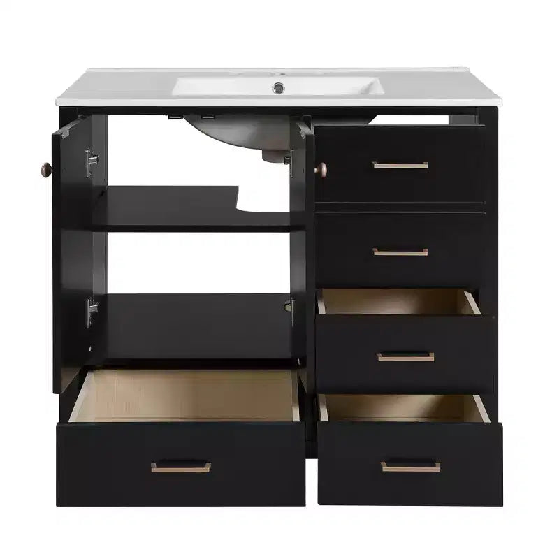Meuble-lavabo Chic Crate-36 pouces avec évier en céramique, 4 tiroirs et portes à fermeture douce | Cadre en bois massif | Autonome | Noir
