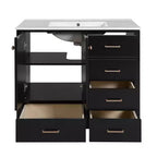 Meuble-lavabo Chic Crate-36 pouces avec évier en céramique, 4 tiroirs et portes à fermeture douce | Cadre en bois massif | Autonome | Noir