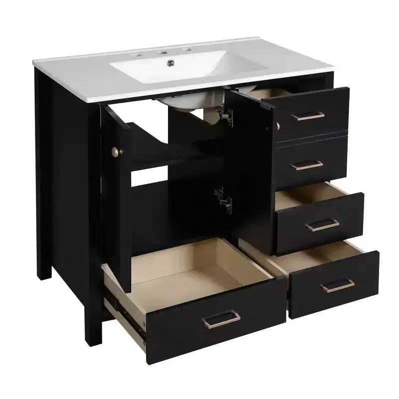 Meuble-lavabo Chic Crate-36 pouces avec évier en céramique, 4 tiroirs et portes à fermeture douce | Cadre en bois massif | Autonome | Noir