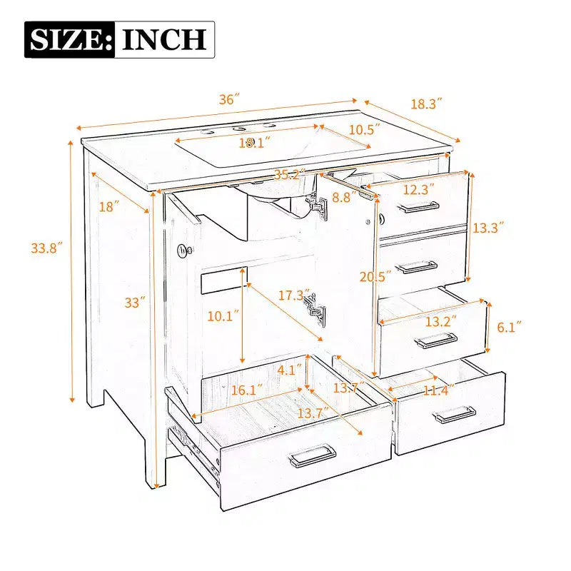 Meuble-lavabo Chic Crate-36 pouces avec évier en céramique, 4 tiroirs et portes à fermeture douce | Cadre en bois massif | Autonome | Noir