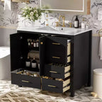 Meuble-lavabo Chic Crate-36 pouces avec évier en céramique, 4 tiroirs et portes à fermeture douce | Cadre en bois massif | Autonome | Noir