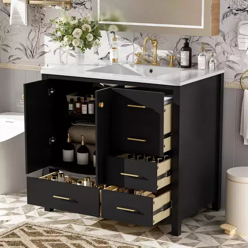 Meuble-lavabo Chic Crate-36 pouces avec évier en céramique, 4 tiroirs et portes à fermeture douce | Cadre en bois massif | Autonome | Noir