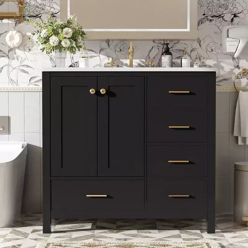 Meuble-lavabo Chic Crate-36 pouces avec évier en céramique, 4 tiroirs et portes à fermeture douce | Cadre en bois massif | Autonome | Noir