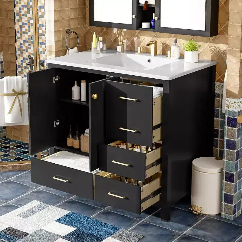 Meuble-lavabo Chic Crate-36 pouces avec évier en céramique, 4 tiroirs et portes à fermeture douce | Cadre en bois massif | Autonome | Noir