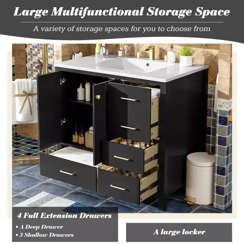 Meuble-lavabo Chic Crate-36 pouces avec évier en céramique, 4 tiroirs et portes à fermeture douce | Cadre en bois massif | Autonome | Noir