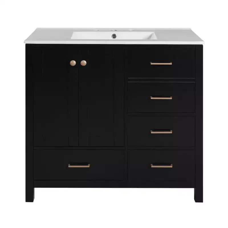 Meuble-lavabo Chic Crate-36 pouces avec évier en céramique, 4 tiroirs et portes à fermeture douce | Cadre en bois massif | Autonome | Noir