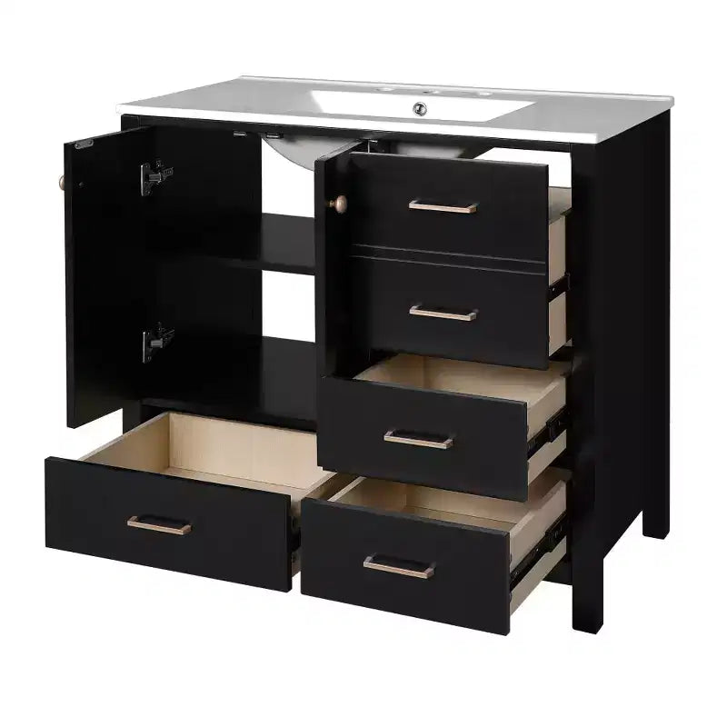 Meuble-lavabo Chic Crate-36 pouces avec évier en céramique, 4 tiroirs et portes à fermeture douce | Cadre en bois massif | Autonome | Noir