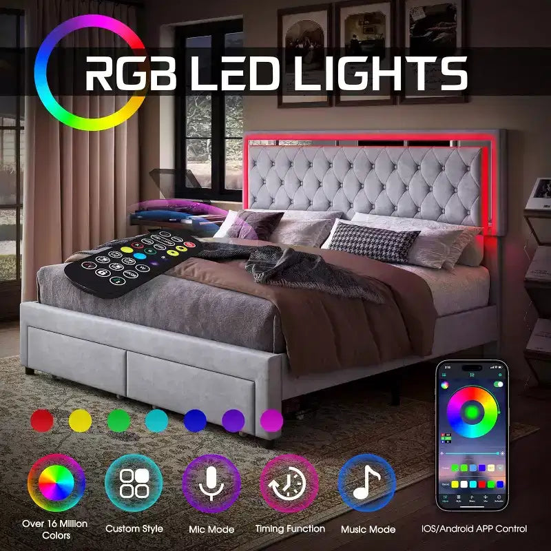 AMERLIFE Lit Cadre avec Lumières LED et Tiroirs de Rangement, Lit Plateforme Rembourré en Velours