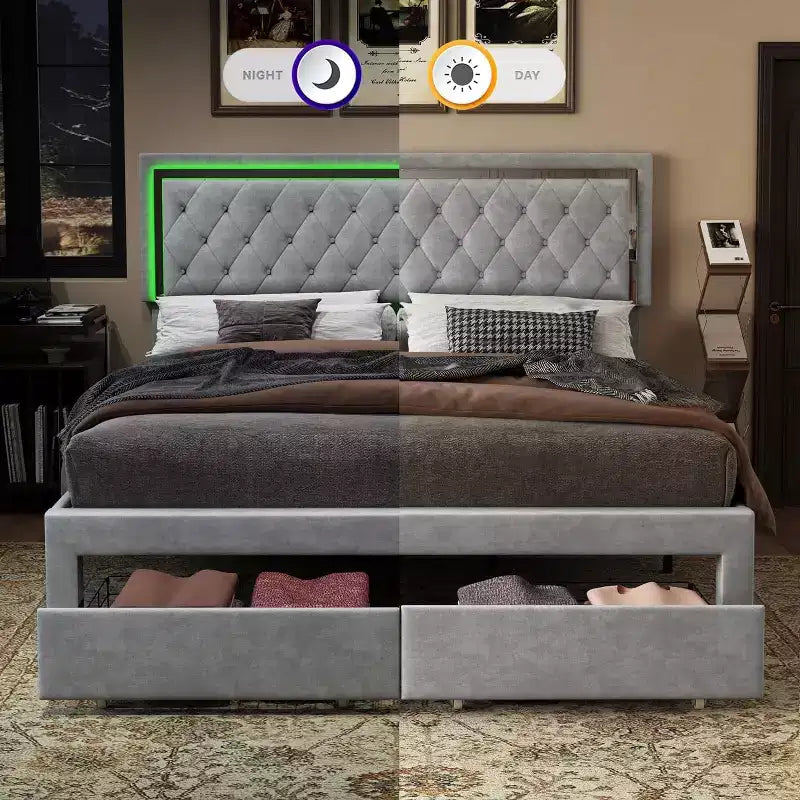 AMERLIFE Lit Cadre avec Lumières LED et Tiroirs de Rangement, Lit Plateforme Rembourré en Velours